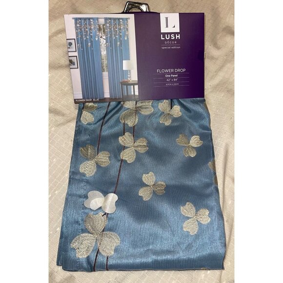 Lush Blue Flower Drop Curtain Panel (2 panels) 42" x 84" - Picture 2 of 4